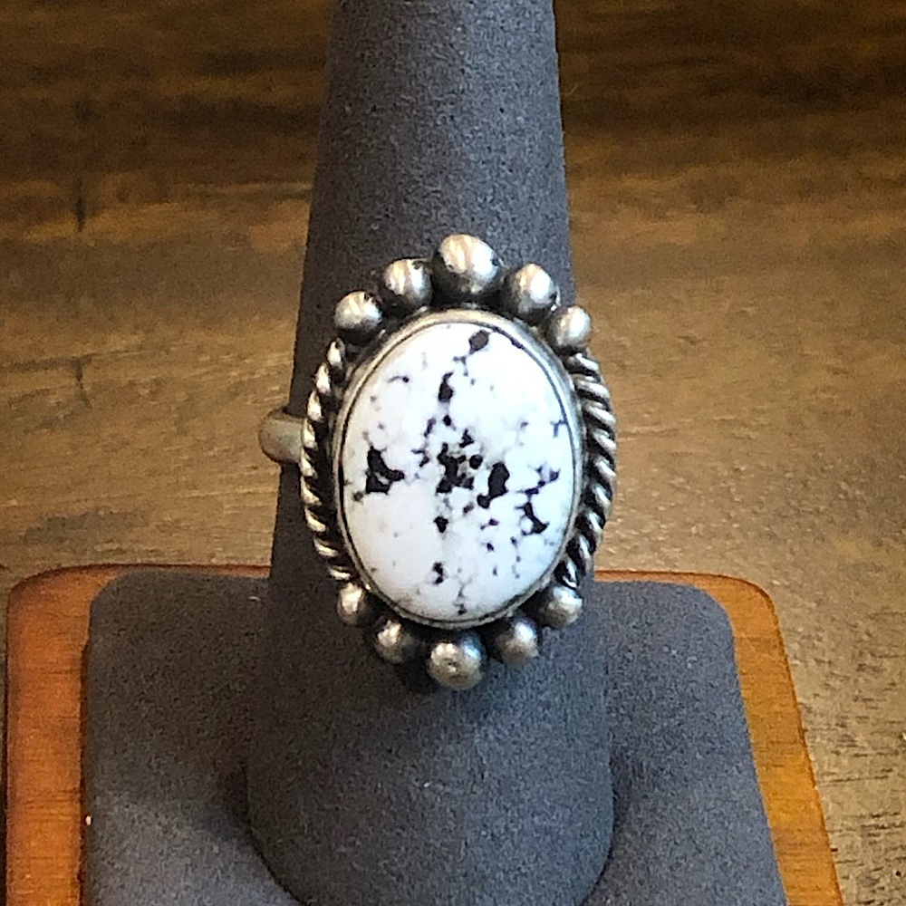 WHITE BUFFALO Turquoise Sterling Silver Cabochon Navajo Handmade Ring Adjustable